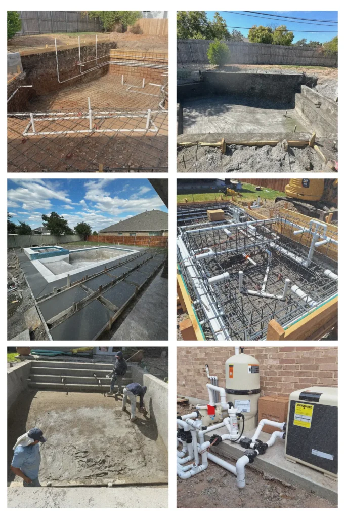 Pool construction progress from steel rebar to finished pool