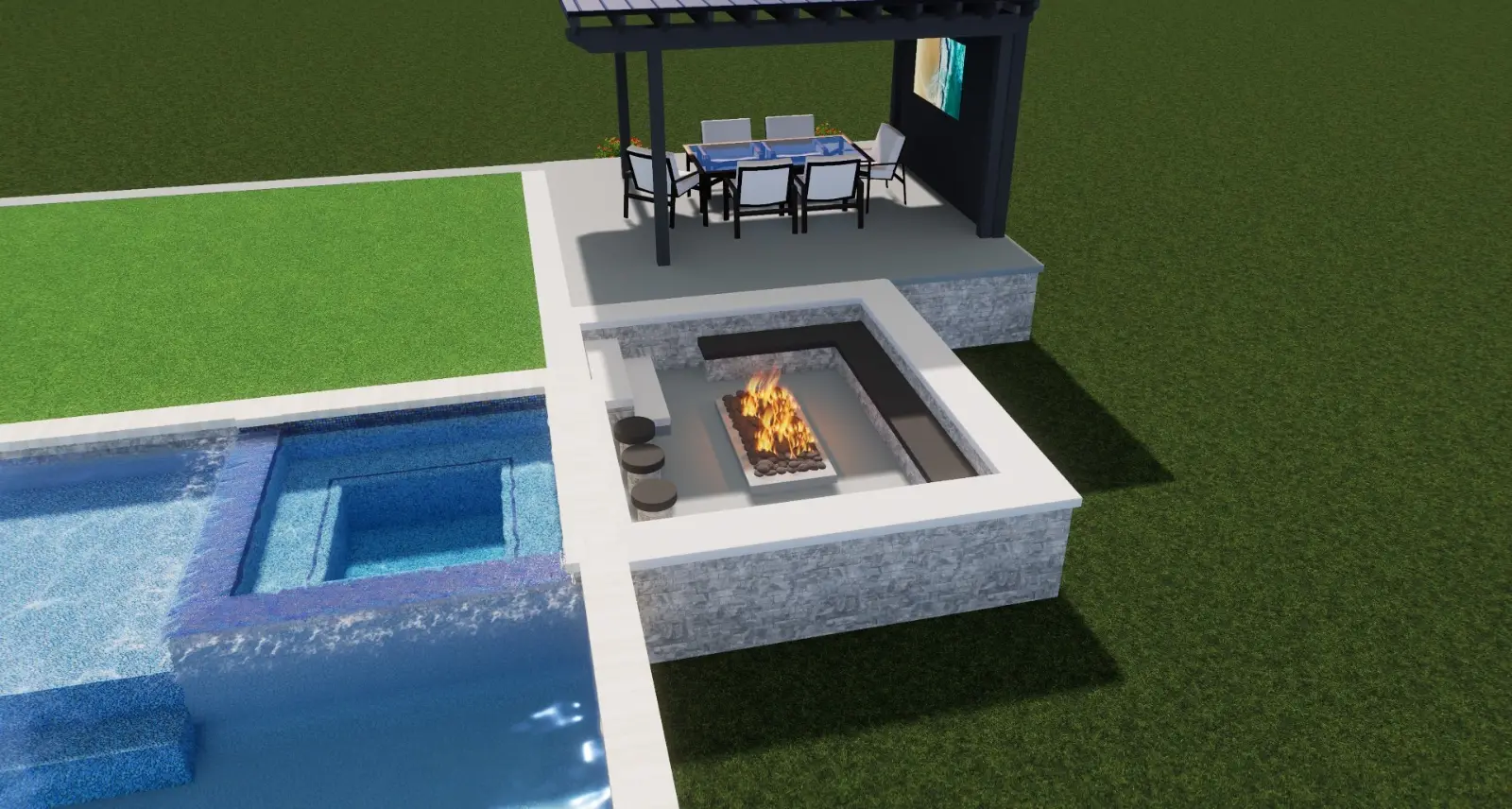 Pool and spa with fire pit and turf in a modern backyard